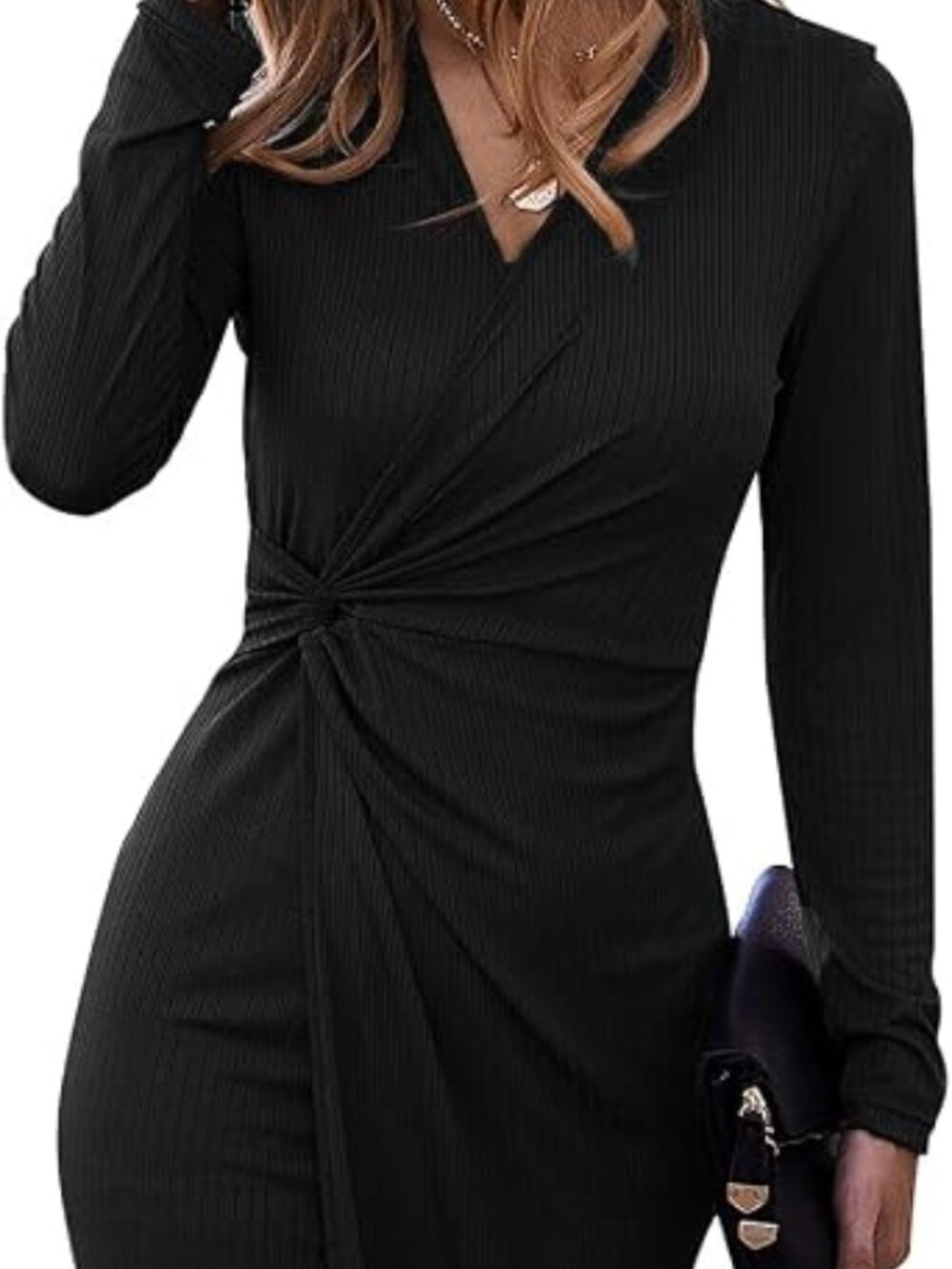 Midi Casual V Neck Twist Waist Ribbed Knit Bodycon Dress - XL